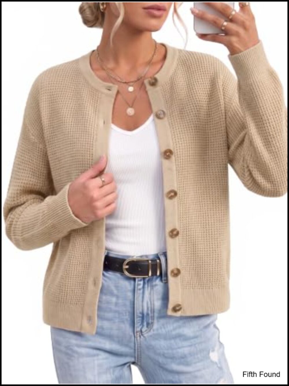 Chunky Knit Button Up Cardigan Crew Neck Long Sleeve Cotton Sweater